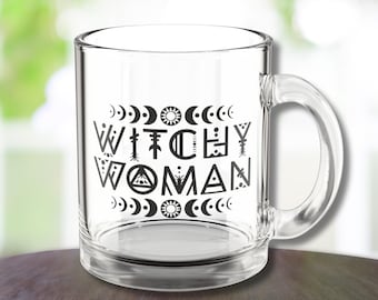 Witchy Mug, Mystical Glass Mug 10oz, Witch aesthetic Drinkware, Unique Gift for Her, Astrology Mug, Goth Gothic Feminist Celestial  Tea Mug