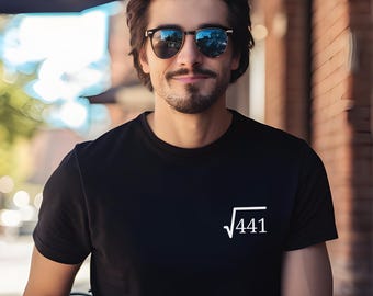 May include: A black t-shirt with a white graphic of a square root symbol and the number 441.