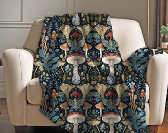 Coperta accogliente con funghi, arredamento cottagecore, arredamento gotico stravagante, coperta Dark Cottage Core, regalo Forescore per gli amanti dei funghi, coperta boho