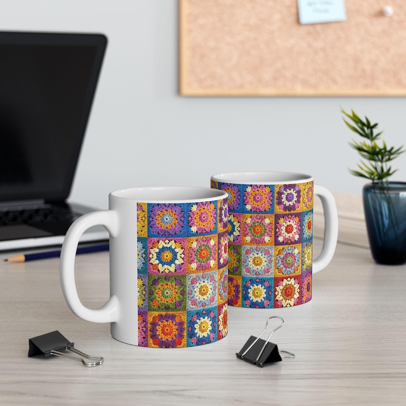Crochet Mug, Knitting Coffee Cup, Crocheting Mug, Yarn Mug, Gifts for Knitters, Knitting Lover, Gift For Crochet Lovers Granny Square Tea image 5