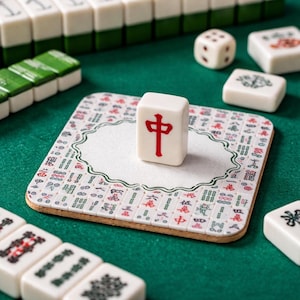 Könnte beinhalten: Nahaufnahme eines Mahjong-Spiels. Ein weißer Spielstein mit rotem chinesischen Schriftzeichen liegt auf einem dekorativen Untersetzer. Weitere Spielsteine, ein Würfel und eine grüne Filzoberfläche deuten auf ein laufendes Spiel hin.