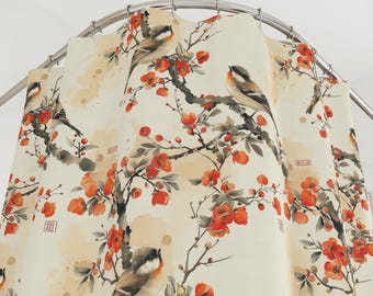 May include: A shower curtain featuring a repeating pattern of birds perched on branches with red flowers. The birds have brown and gray feathers, and the flowers are a vibrant red. The background is a cream color with subtle watercolor-like washes.
