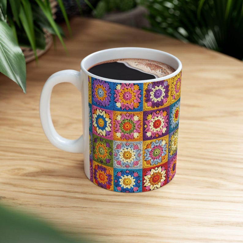Crochet Mug, Knitting Coffee Cup, Crocheting Mug, Yarn Mug, Gifts for Knitters, Knitting Lover, Gift For Crochet Lovers Granny Square Tea image 7