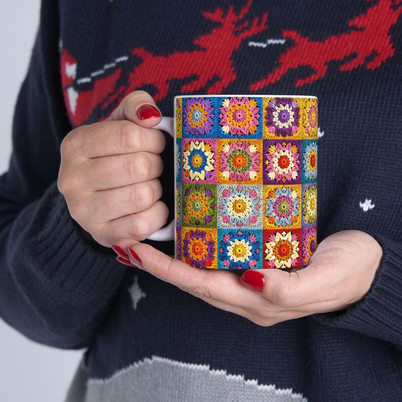 Crochet Mug, Knitting Coffee Cup, Crocheting Mug, Yarn Mug, Gifts for Knitters, Knitting Lover, Gift For Crochet Lovers Granny Square Tea image 9