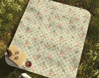 Manta de picnic floral, manta de picnic de cuadros verdes impermeable, estilo cottagecore, ideal para acampar, jugar en el parque, regalo para mamá, días de playa, Día de la Madre