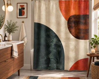 May include: A shower curtain featuring a large-scale abstract pattern with bold geometric shapes in deep charcoal, burnt orange, and cream. The design has a textured, weathered appearance and hangs from a simple metal rod with circular rings.