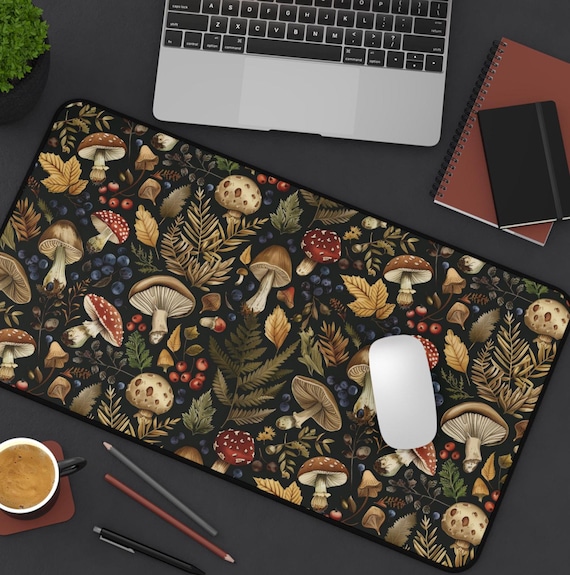 Botanical Desk Mat, Mushroom Mousepad, Enchanted Herbs Mouse pad, Wiccan Altar Office Accessory, Dark Cottagecore Keyboard Mat, Cottage core