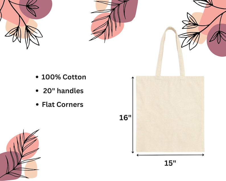 May include: A cream-colored tote bag made of 100% cotton, with 20-inch handles and flat corners. The bag measures 16 inches high and 15 inches wide. Text on the image states "100% Cotton", "20" handles", and "Flat Corners".