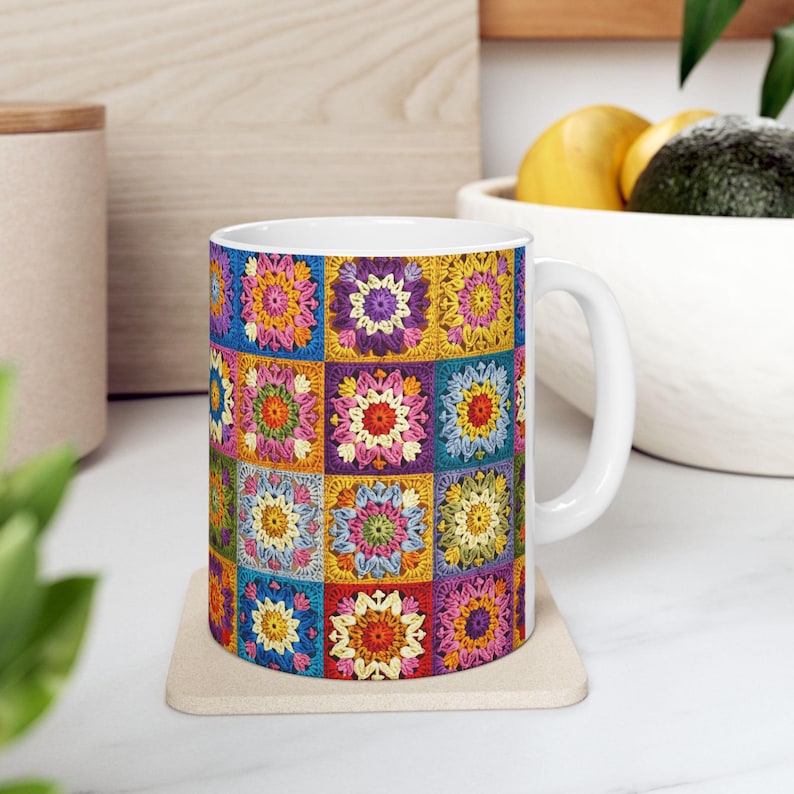 Crochet Mug, Knitting Coffee Cup, Crocheting Mug, Yarn Mug, Gifts for Knitters, Knitting Lover, Gift For Crochet Lovers Granny Square Tea image 6
