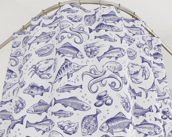 Vintage Fish Shower Curtains bathroom decor Under the sea shower curtain bathroom decor fisherman aesthetic Blue nautical Coastal ocean