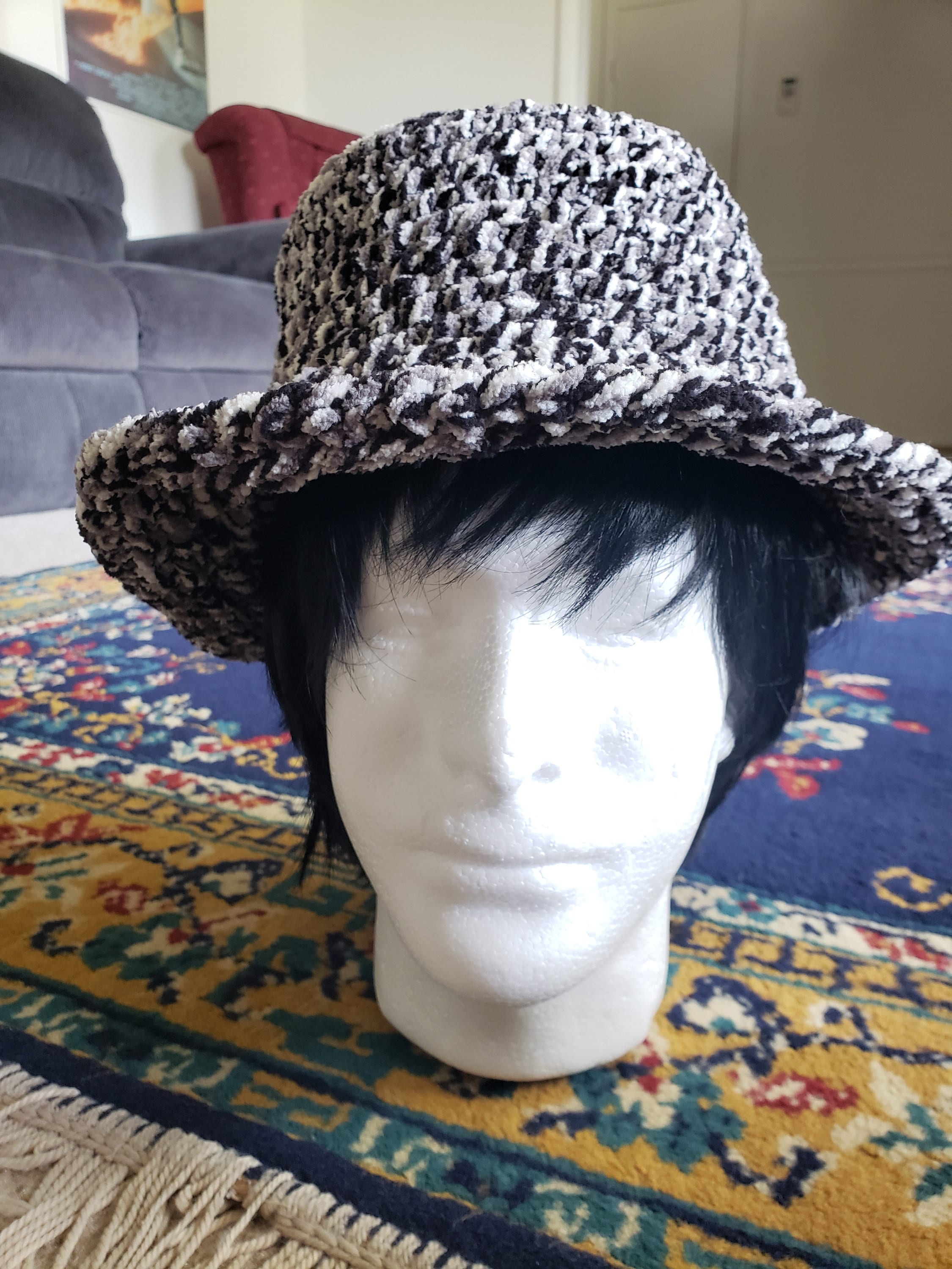 Black/White/Gray Crochet Soft Fluffy Bucket Hat | Etsy