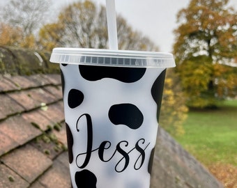 Personalised Black Cow Print Reusable Cup / Name / Plastic Cold Cup with Lid and Straw / Iced Coffee Summer Cups