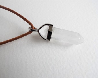 Clear Quartz Crystal necklace- Gemstone Point - Extendable Leather Chain