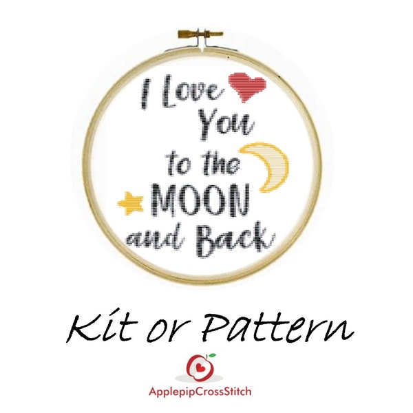 Modern Cross Stitch Kit - I Love you to the moon and back Stitch Pattern Pdf, Threads, Thread Organiser, Fabric, Needle, Bag for storage