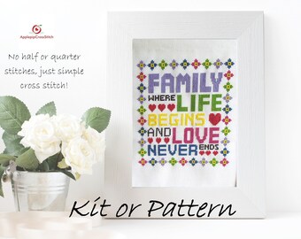 Modern Cross Stitch Kit - Family Pattern, Threads, Thread organiser, Fabric, Needle, Bag for storage - Gift for Her