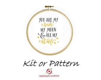 Modern Cross Stitch Kit - You are my sun, moon and all my stars, Threads, Thread Organiser, Fabric, Needle, Bag for storage- Gift