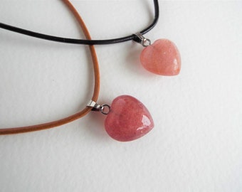 Crystal Necklace healing boho charm Strawberry Quartz Heart pendant Extendable Leather Chain