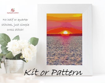 Sunset Cross Stitch Kit - Pattern Pdf, Threads, Thread organiser, Fabric, Needle, Bag for storage - Gift for Her