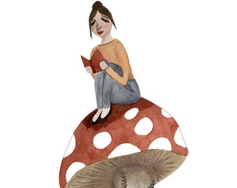 Girl on Mushroom Reading Sticker | Stickers for Hydroflask | laptop decal | laptop stickers | Waterproof stickers | Whimsical Stickers