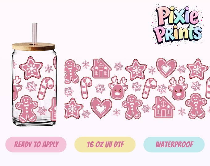 Pink Christmas UV DTF Tumbler Wrap Gingerbread Cup Sticker
