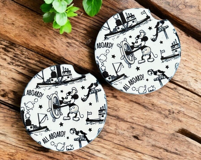 Disney Mickey Ceramic Car Coaster Set of 2 Steamboat Willie Inspired Car Accessories