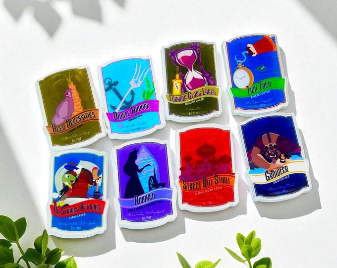 Disney-Inspired Beer Label Magnets | Set of 9 Acrylic Fridge Magnets | Funny Fantasy Parody Decor | Unique Bar Gift | Collectible Set