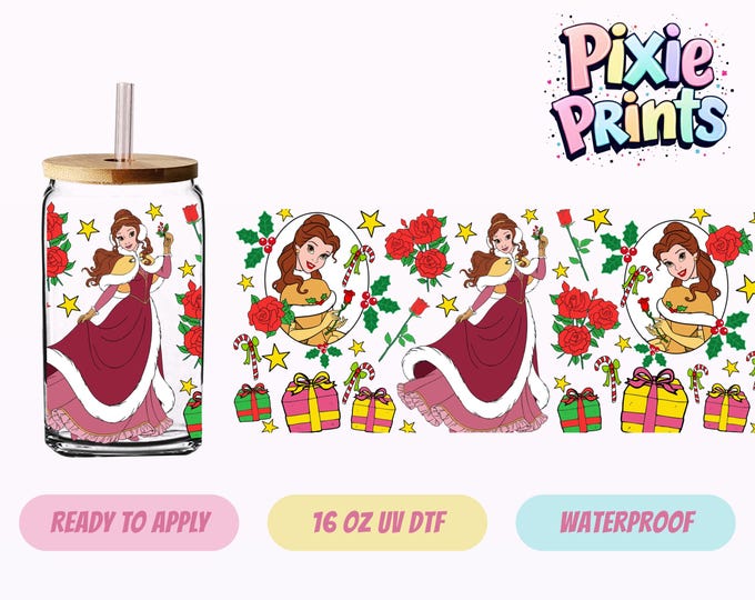 Disney Christmas Belle UV DTF Princess Same Day Cup Sticker