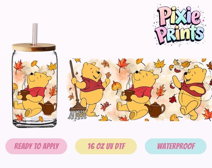 Disney Pooh Fall UV DTF Tumbler Wrap Same Day Cup Sticker