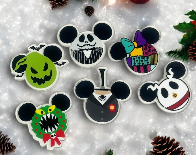 Nightmare Before Christmas Mickey Ear Magnet Set | Handmade Disney Halloween & Christmas Fridge Magnets | Jack, Sally, Oogie Boogie, Zero