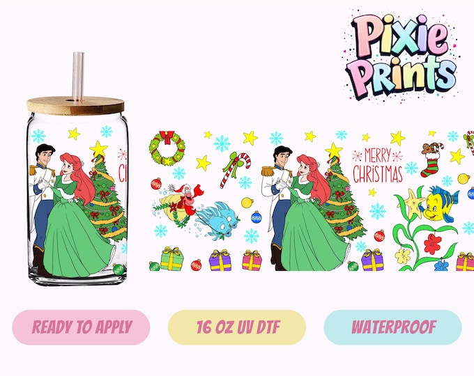 Disney Christmas Ariel UV DTF Tumbler Wrap Princess Same Day Cup Sticker
