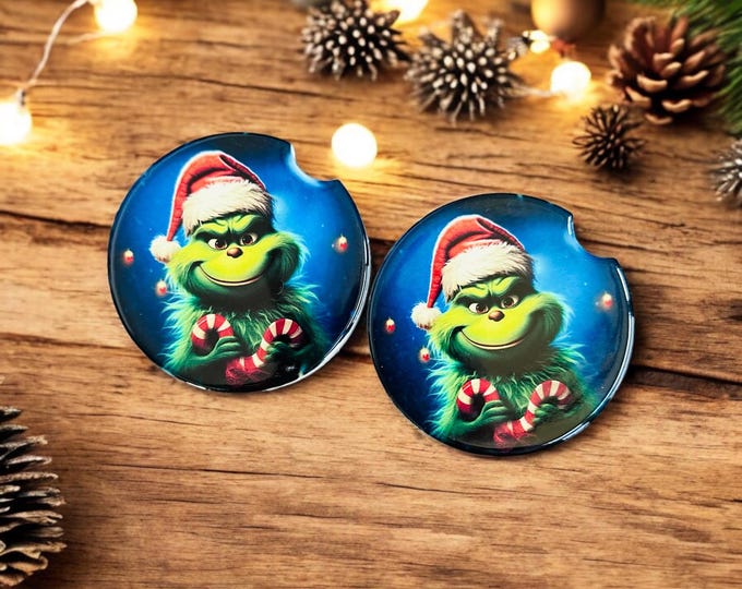 Grinch Inspired Ceramic Car Coaster Set of 2
