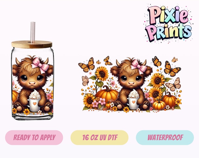 Fall Cow UV DTF Tumbler Wrap Same Day Cup Sticker