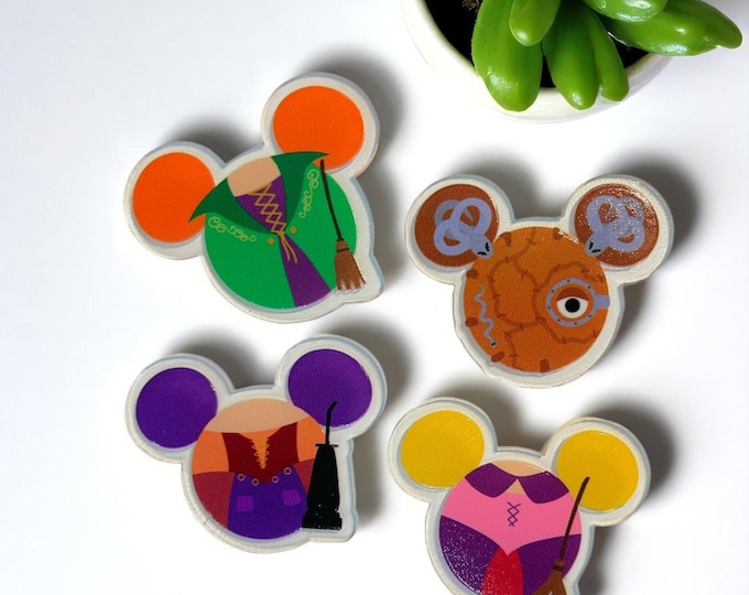 Hocus Pocus Mickey Ear Magnet Set | 2" Halloween Disney Fridge Magnets | Sanderson Sisters & Spellbook | Spooky Season Decor