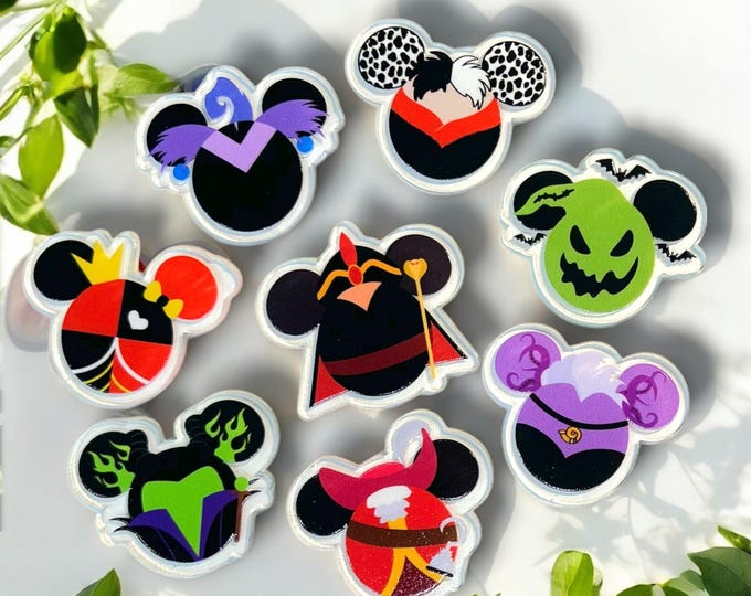 Disney Villains Magnet Set | Mickey Ear Fridge Magnets | Evil Queen, Maleficent, Ursula, Jafar, Cruella, Oogie Boogie, Captain Hook