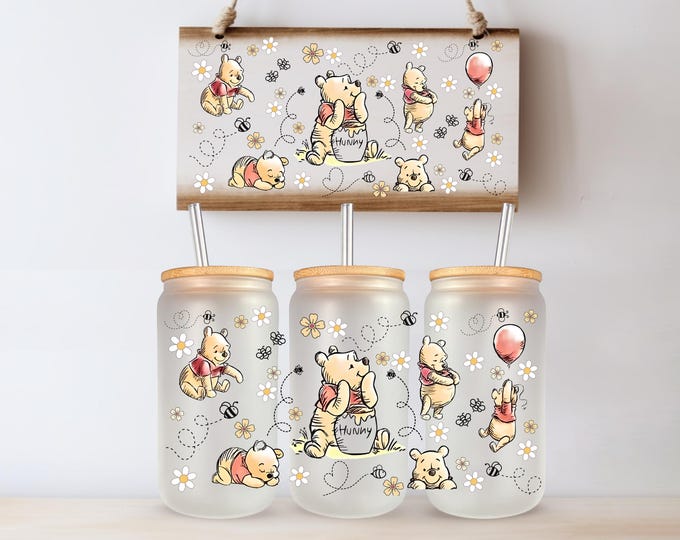 Disney Pooh Coffee UV DTF Tumbler Wrap Same Day Print Cup Decal