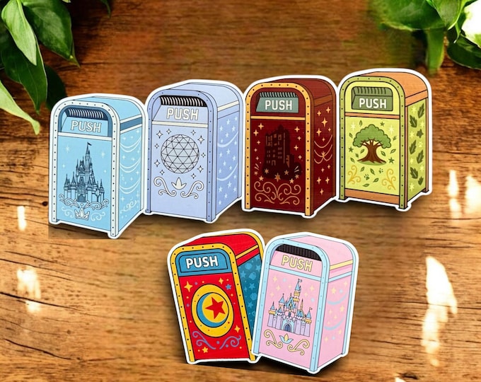 Disney Theme Park Trash Can Stickers – Set of 6 | WDW Set of 4 | Disneyland Set of 2 | Vinyl Stickers for Water Bottles, Laptops & Planners
