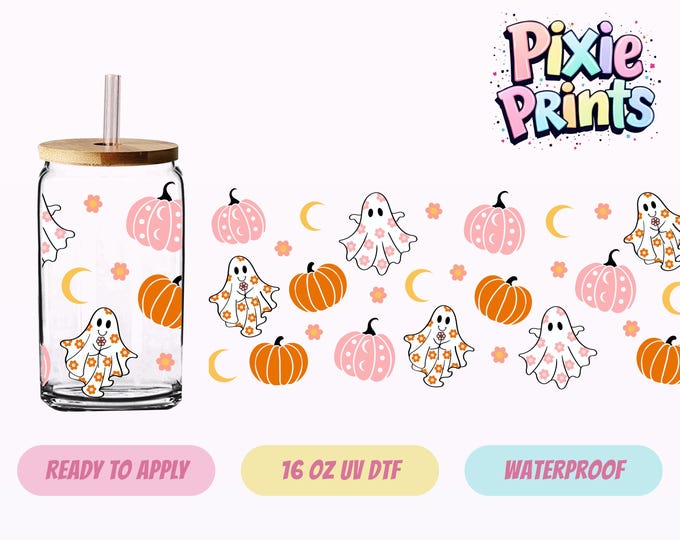 Halloween Ghost Pumpkin UV DTF Tumbler Wrap Same Day Cup Sticker