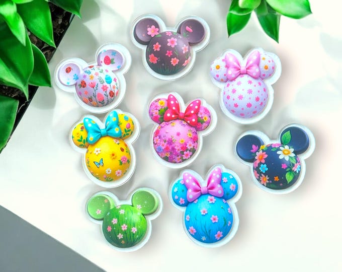 Spring Mickey Minnie Floral Magnets | Pastel Disney-Inspired Fridge Decor | Cute Easter Basket Fillers | 2" Acrylic Magnet Set