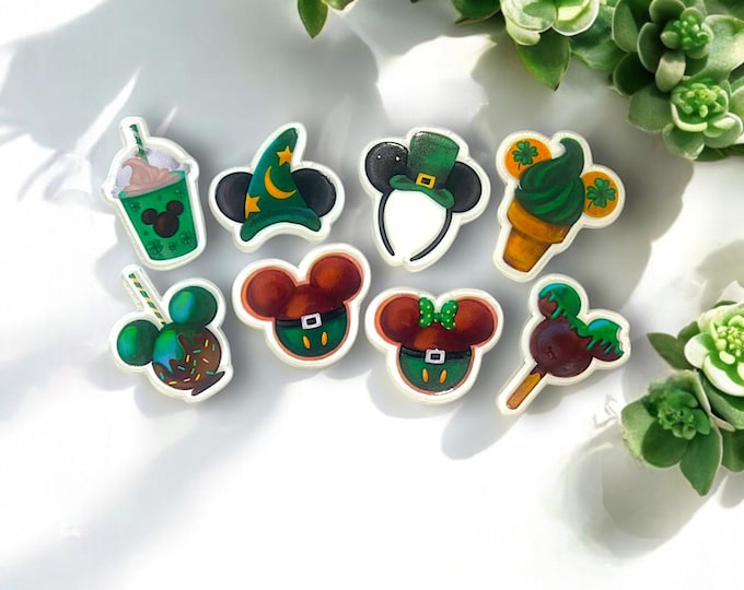 St. Patrick’s Day Mickey Ear Magnet Set | Disney Green Holiday Fridge Magnets | Leprechaun Hat, Shamrock Treats, Magical Decor