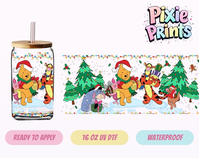 Disney Christmas Pooh UV DTF Tumbler Wrap Same Day Cup Sticker