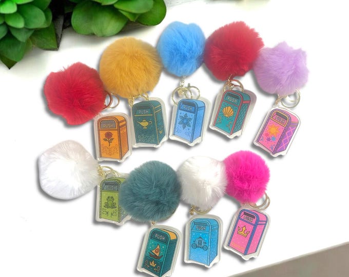 Disney Princess Trash Can Key Chains with Pom Pom | Fairytale Disney-Inspired Accessories | Cute Acrylic Bag Charms | Magical Gift