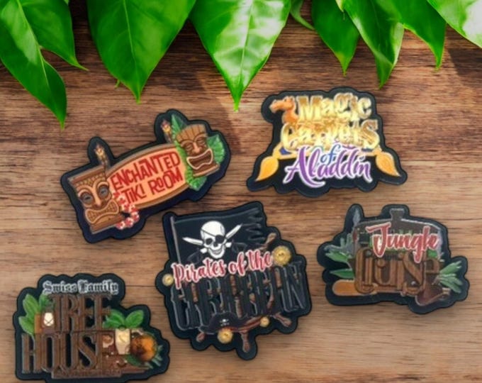 Adventureland Attraction Magnet Set | Tiki Room, Jungle Cruise, Pirates of the Caribbean, Aladdin, Treehouse | Disney Fridge Decor