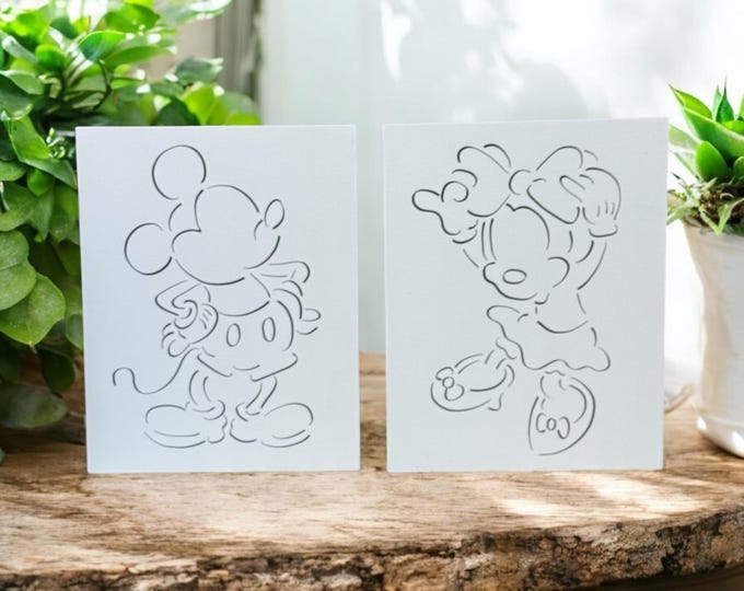 Disney Mickey Minnie Line Art Set of 2 Wall Sign Shelf Sitter