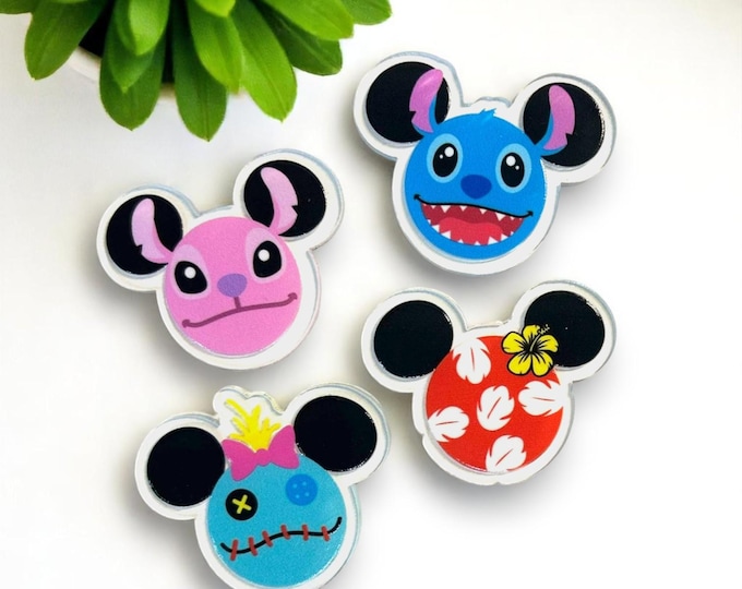 Lilo Stitch Mickey Ear Magnet Set | 2" Handmade Disney Fridge Magnets | Angel, Stitch, Scrump, Hawaiian Shirt | Cute Island Decor