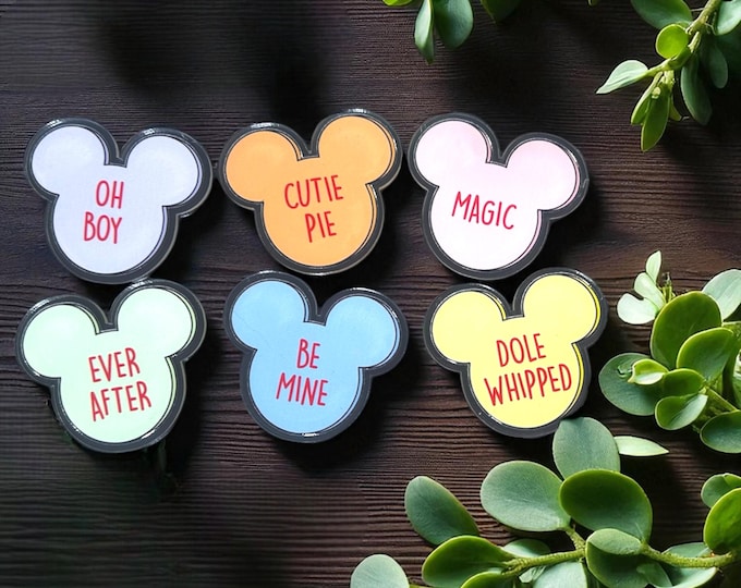 Disney Conversation Heart Magnet Set | Mickey Ear Valentine Magnets | Dole Whipped, Oh Boy, Be Mine, Magic | Cute Disney Kitchen Gift