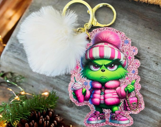 Grinch Inspired Christmas Keychain Pink Baby