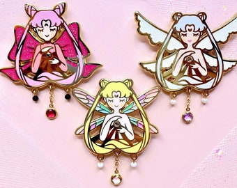 Sailor Moon Enamel Pin Set - Fairy Usagi, Queen Serenity, Wicked Lady - with glitter and crystal gem