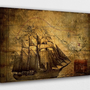 Alte Piraten Schatzkarte Canvas Wall Art Design | Poster Print Decor für Home & Office Dekoration I POSTER oder CANVAS BEREIT zum Aufhängen