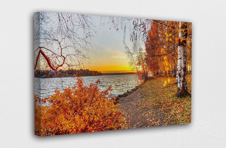 Sunset near the lake and Autumn Forest Canvas Wall Art Design|Poster Print Decor for Home /& Office DecorationIPOSTER or CANVAS READY to Hang