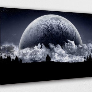 Starry Night Full Moon Open White Picture Window Art View 32x48x1.25  Canvas Wrap - Window Frame Art, Pictures That Look Like Window Views, Whitewash Windows